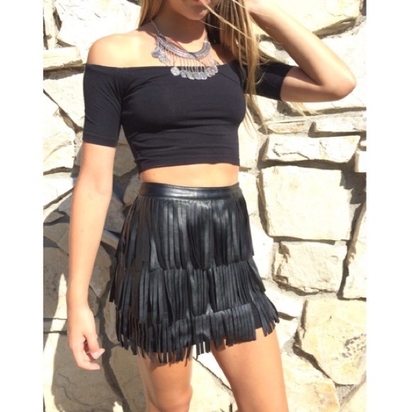 H&M Faux Leather Fringe Mini Skirt in Black